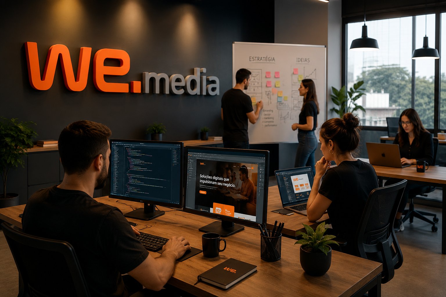 Equipe WE.media colaborando em projetos digitais